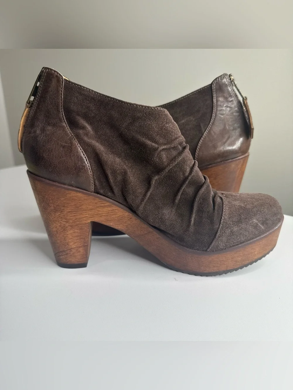 Trask Chocolate Brown Suede Leather‎ Ruched Wooden Block Heel Boho Ankle Booties